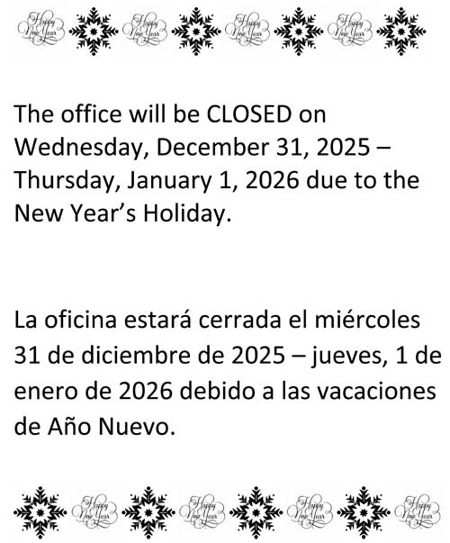 Office Closed New Years Eve and New Years Day